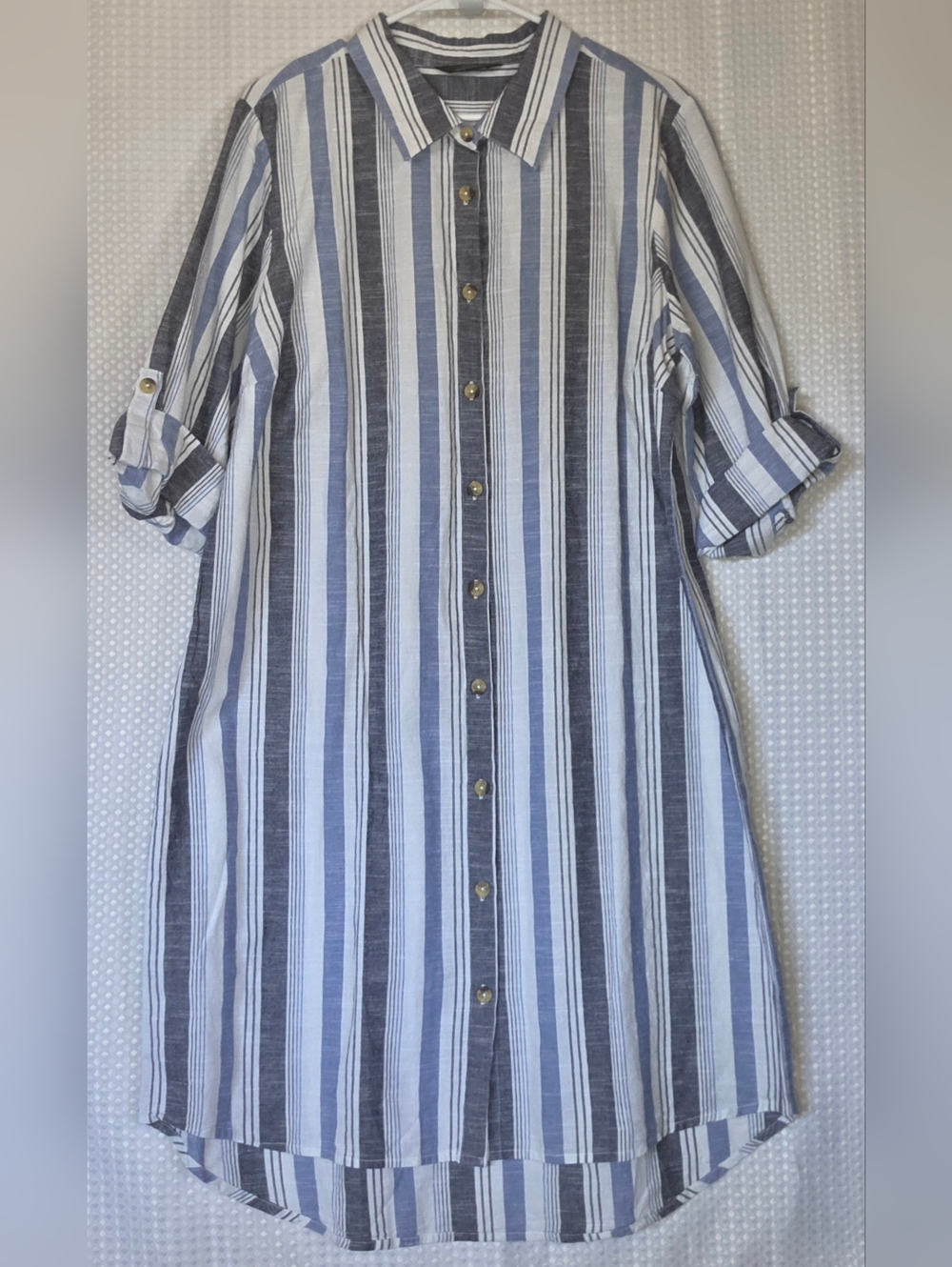 Coastal Striped Shirt Dress 1X Blue White Beachy Button Down Breezy Casual Chic - Picture 6 of 8